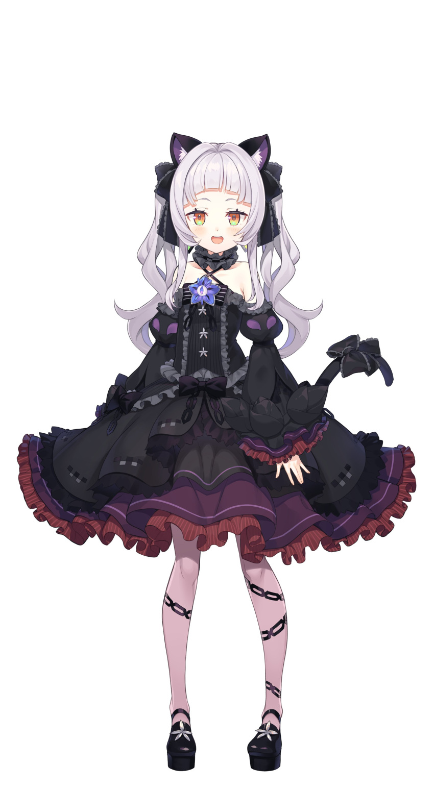 absurdres alternate_hairstyle animal_ears cat_ears cat_tail collarbone commentary_request detached_sleeves full_body gothic_lolita highres hololive lolita_fashion long_hair murasaki_shion official_alternate_costume official_art open_mouth ribbon silver_hair standing tail tail_ribbon tam-u virtual_youtuber yellow_eyes