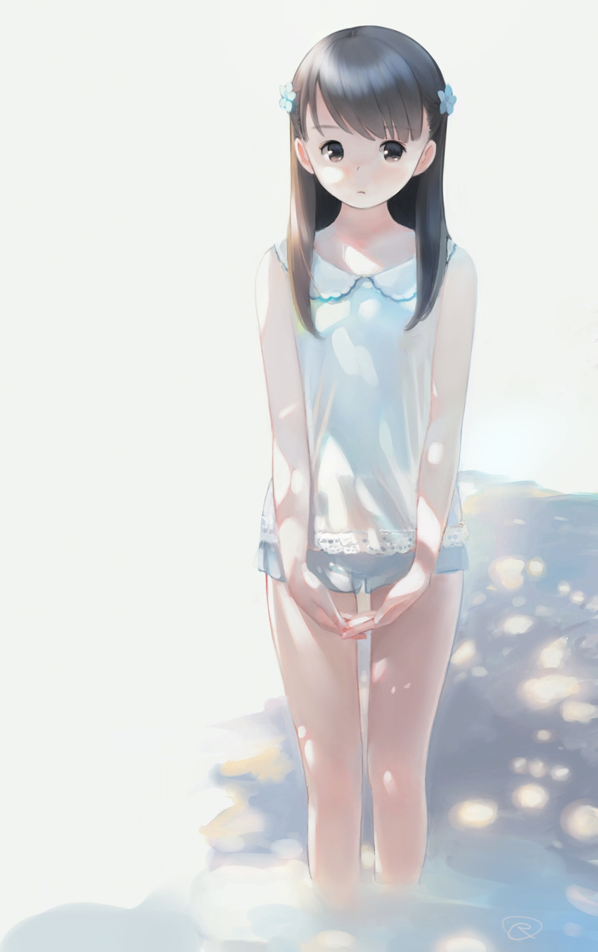 1girl bangs bare_arms bare_shoulders blue_flower blue_shorts blush brown_eyes brown_hair closed_mouth commentary_request dappled_sunlight dated eyebrows_visible_through_hair flower hair_flower hair_ornament highres kokudou_juunigou long_hair looking_at_viewer original own_hands_together shirt short_shorts shorts signature sleeveless sleeveless_shirt solo sunlight white_shirt