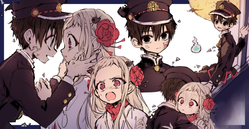 1boy 1girl bangs black_eyes black_hair black_headwear black_jacket dissolving eye_contact eyebrows_visible_through_hair flower forehead full_moon gakuran grey_hair hair_between_eyes hair_flower hair_ornament hanako_(jibaku_shounen_hanako-kun) hands_on_another's_face hat hitodama hug jacket japanese_clothes jibaku_shounen_hanako-kun kimono long_hair long_sleeves looking_at_another magatama magatama_hair_ornament moon ofuda open_mouth parted_lips peaked_cap piyokichi profile red_eyes red_flower school_uniform spoilers tears v-shaped_eyebrows white_kimono yashiro_nene