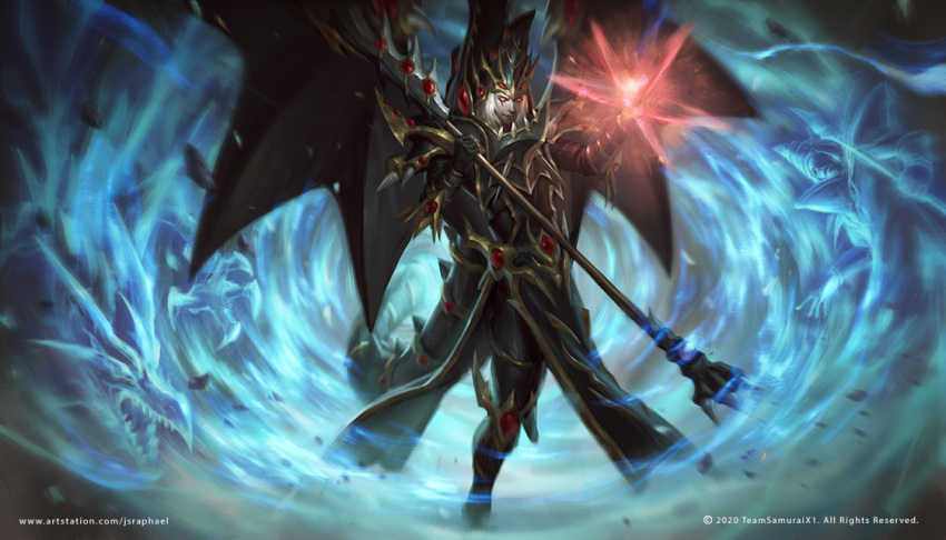 1boy armor dark_magician dragon dragon_boy dragon_tail dragon_wings energy_ball english_commentary fusion hat holding holding_staff joshua_raphael magician male_focus red-eyes_b._dragon red-eyes_dark_dragoon red_eyes solo staff tail watermark web_address wings wizard_hat yu-gi-oh!