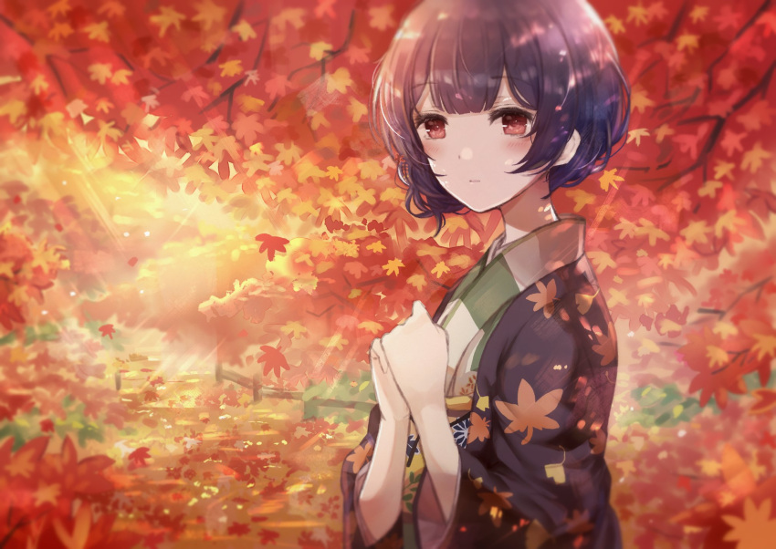 1girl autumn autumn_leaves blush bob_cut eyebrows_visible_through_hair forest hair_between_eyes highres idolmaster idolmaster_shiny_colors japanese_clothes kimono looking_at_viewer morino_rinze namamake nature outdoors purple_hair red_eyes short_hair solo standing upper_body