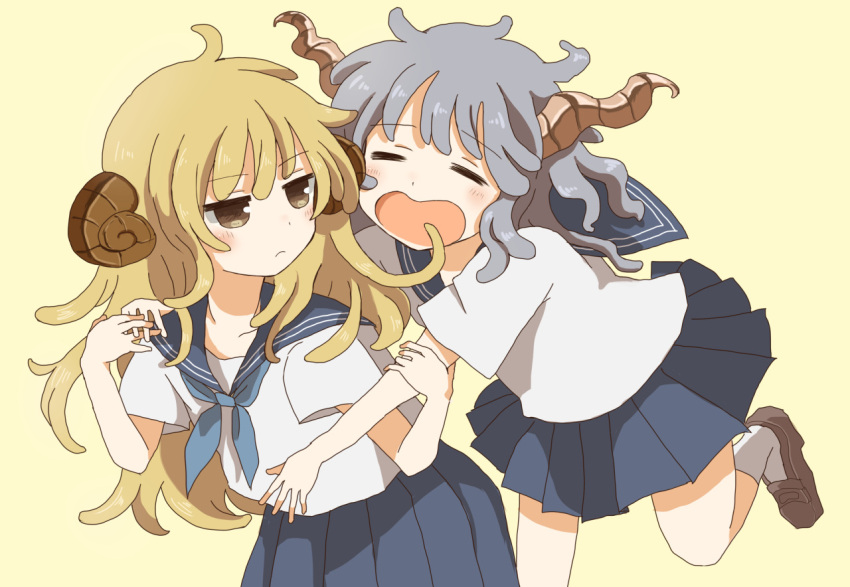 2girls blonde_hair blue_neckwear blue_sailor_collar blue_skirt blush brown_eyes brown_footwear character_request commentary_request copyright_request dot_nose frown grey_hair horns loafers long_hair manmi multiple_girls neckerchief open_mouth pleated_skirt sailor_collar school_uniform serafuku sheep_horns shirt shoes short_sleeves simple_background skirt socks white_legwear white_shirt yawning yellow_background