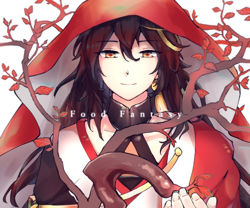 1boy black_hair cane chinese_clothes copyright_name food_fantasy jewelry long_hair red_eyes single_earring smile solo wuyi_da_hong_pao_(food_fantasy)