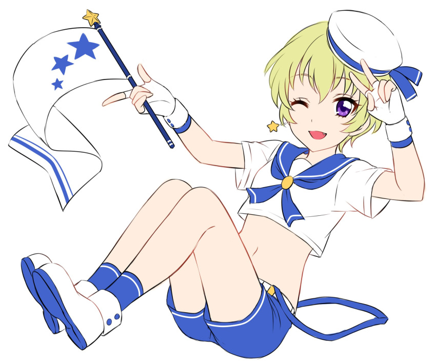 1girl :d blonde_hair blue_legwear blue_sailor_collar blue_shorts copyright_request cropped_shirt fang fingerless_gloves flag gloves hand_up hat highres holding holding_flag looking_at_viewer navel one_eye_closed open_mouth sailor_collar sekina shirt shoes short_sleeves shorts simple_background smile socks solo v violet_eyes w white_background white_footwear white_gloves white_headwear white_shirt
