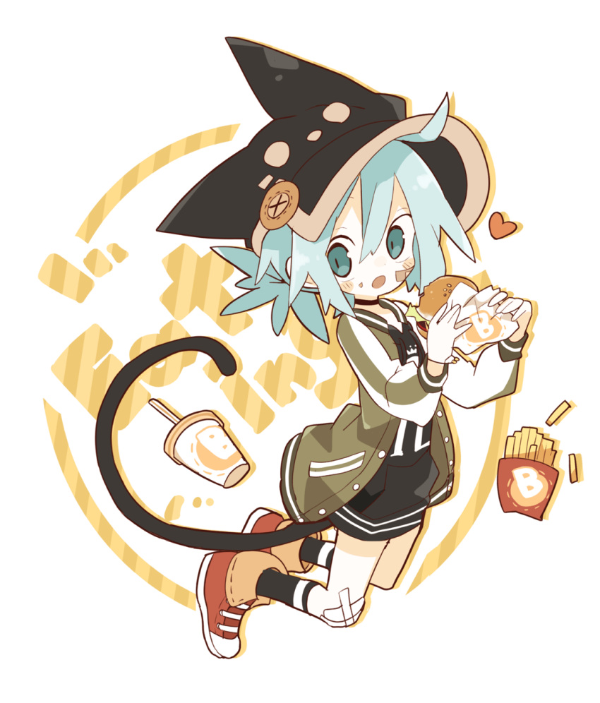 1girl ahoge aida_(aidia) animal_hat aqua_eyes aqua_hair bad_id bad_tumblr_id bandaid bandaid_on_face black_choker black_headwear black_hoodie black_legwear blush_stickers bracelet cat_hat cat_tail choker cup disposable_cup english_text food food_on_face french_fries full_body green_jacket hamburger hat heart high_tops highres holding holding_food hood hoodie jacket jewelry letterman_jacket long_sleeves looking_at_viewer mint-chan open_mouth original red_footwear short_hair short_twintails socks solo tail twintails white_background