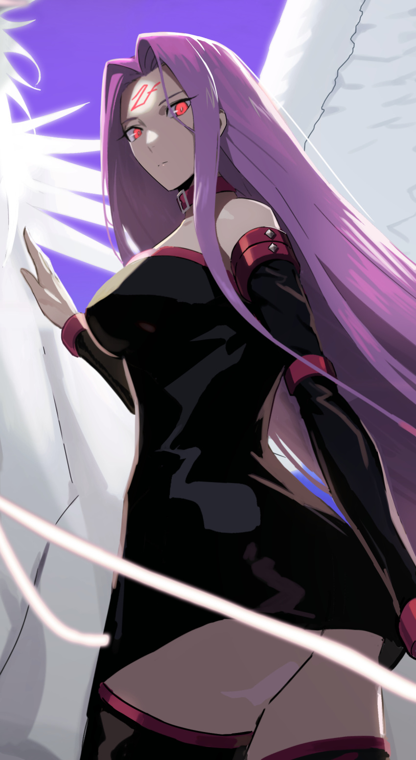 1girl ass bare_shoulders bell bell_choker breasts bum_hico choker facial_mark fate/stay_night fate_(series) forehead_mark from_below from_side glowing glowing_eyes highres large_breasts long_hair looking_at_viewer pegasus purple_hair red_eyes rider thigh-highs thighs very_long_hair white_feathers wings