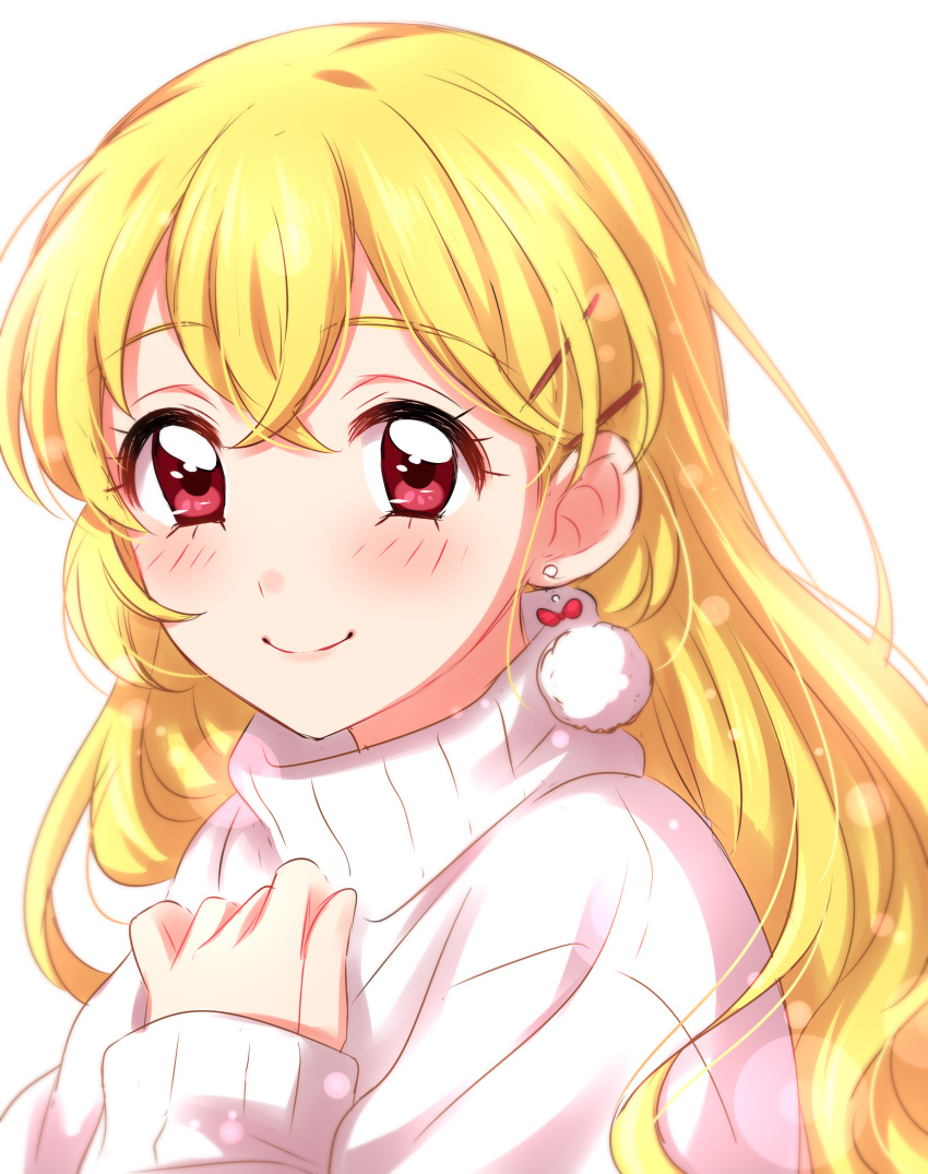 1girl absurdres aikatsu! aikatsu!_(series) blonde_hair blush closed_mouth earrings hand_up highres hoshimiya_ichigo jewelry long_hair looking_at_viewer pom_pom_(clothes) pom_pom_earrings red_eyes sekina simple_background sleeves_past_wrists smile solo sweater upper_body white_background white_sweater