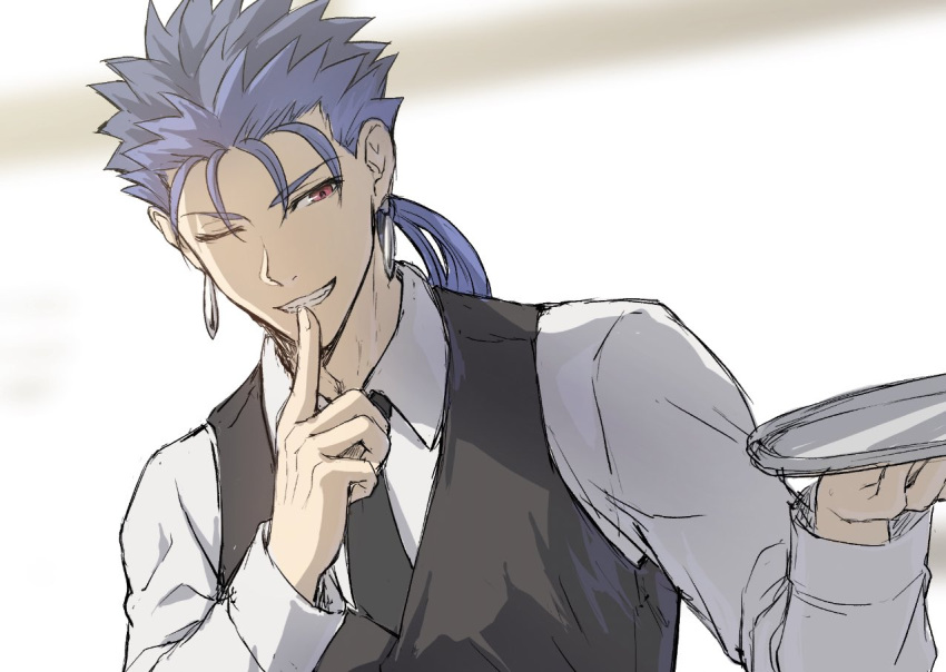 1boy ;) bangs black_neckwear black_vest blue_hair collared_shirt commentary_request cu_chulainn_(fate)_(all) earrings fate/stay_night fate_(series) finger_to_mouth grin holding holding_tray index_finger_raised jewelry lancer long_hair long_sleeves looking_at_viewer mondi_hl one_eye_closed ponytail red_eyes shirt shushing smile solo spiky_hair tray upper_body vest white_shirt