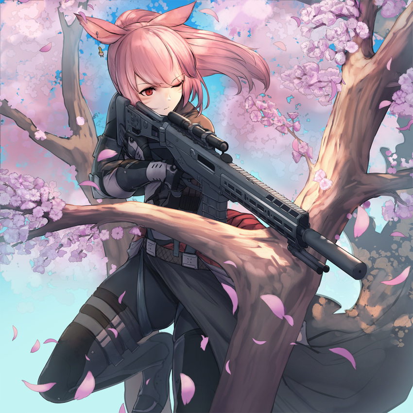 1girl animal_ears bangs belt black_bodysuit black_cloak black_gloves black_legwear blue_background bodysuit boots cherry_blossoms cloak closed_mouth earrings eyebrows_visible_through_hair eyes_visible_through_hair facial_mark final_fantasy final_fantasy_xiv gloves gun highres holding holding_gun holding_weapon itaco jewelry long_hair miqo'te one_eye_closed pink_hair ponytail rabbit_ears red_eyes rifle scope sidelocks slit_pupils solo squatting standing tree weapon weapon_request