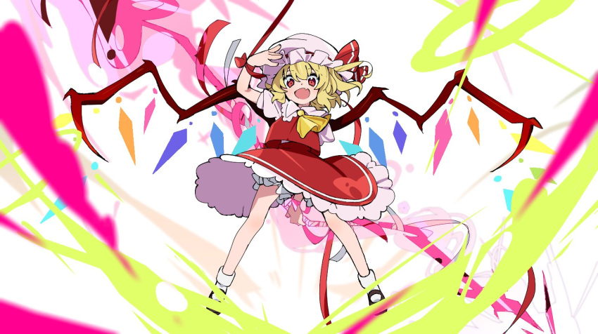 1girl arm_behind_back black_footwear blonde_hair bloomers blush commentary_request cravat crystal fang flandre_scarlet full_body hand_up hat hat_ribbon holding holding_spear holding_weapon iihoneikotu laevatein looking_at_viewer mary_janes mob_cap open_mouth polearm red_eyes red_ribbon red_skirt red_vest ribbon shirt shoes short_hair skin_fang skirt smile socks solo spear touhou underwear vest weapon white_background white_headwear white_legwear white_shirt wrist_ribbon yellow_neckwear