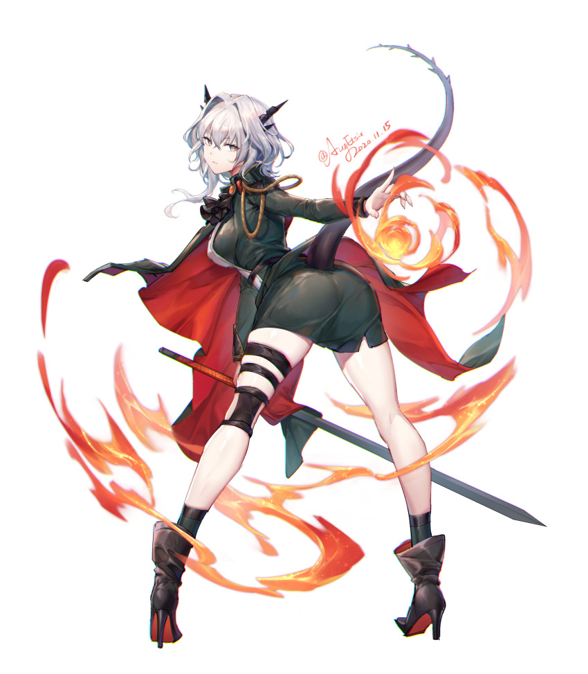 1girl absurdres arknights ass augetsix black_skirt boots dragon_girl dragon_horns dragon_tail fire highres holding holding_sword holding_weapon horns looking_at_viewer looking_back medium_hair shorts silver_hair skirt sword tail talulah_(arknights) weapon white_background