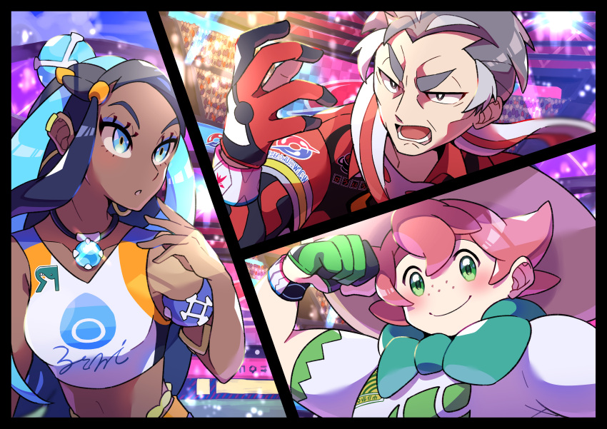 1girl 2boys absurdres armlet beige_headwear belly_chain black_eyes blue_eyes blue_eyeshadow collared_shirt commentary_request dark_skin dark-skinned_female dynamax_band earrings eyeshadow freckles green_eyes gym_leader hair_bun hat highres hoop_earrings jewelry kabu_(pokemon) light long_hair makeup milo_(pokemon) multicolored_hair multiple_boys necklace nessa_(pokemon) pink_hair pokemon pokemon_(game) pokemon_swsh pon_yui shirt short_sleeves stadium sun_hat towel towel_around_neck two-tone_hair