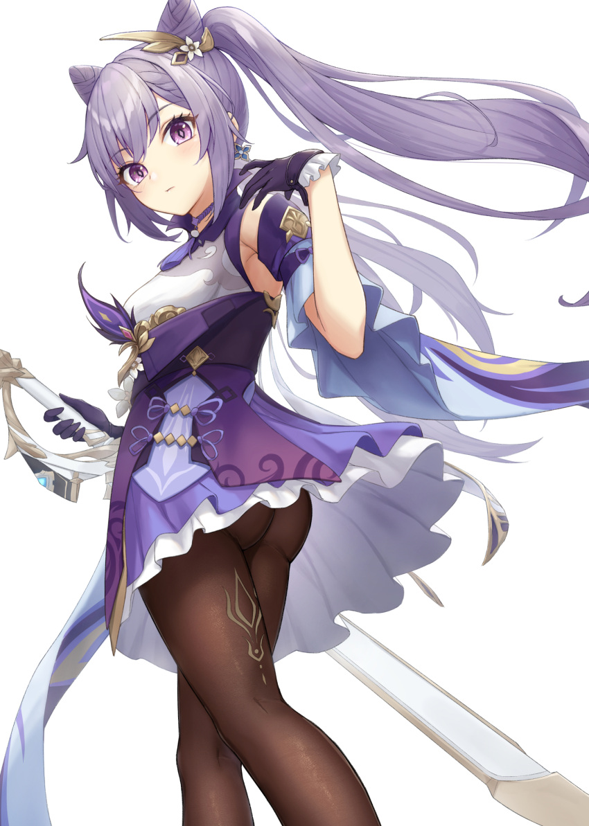 1girl ass black_legwear choker double_bun dress dress_lift earrings genshin_impact gloves gohei_(aoi_yuugure) hair_ornament highres holding holding_weapon jewelry keqing_(genshin_impact) long_hair looking_at_viewer looking_back pantyhose purple_hair sword twintails violet_eyes weapon white_background wind wind_lift