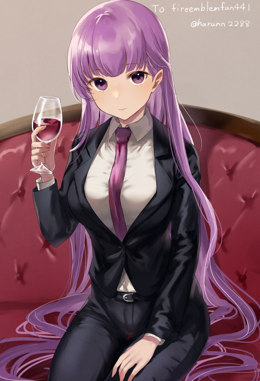 1girl absurdres alcohol belt black_clothes breasts commission commissioner_upload couch cup drinking_glass ears fire_emblem fire_emblem:_the_binding_blade fire_emblem_heroes formal haru_(nakajou-28) highres holding holding_cup long_hair looking_at_viewer looking_up medium_breasts necktie purple_hair red_wine sitting_on_hair solo sophia_(fire_emblem) suit very_long_hair violet_eyes wine wine_glass