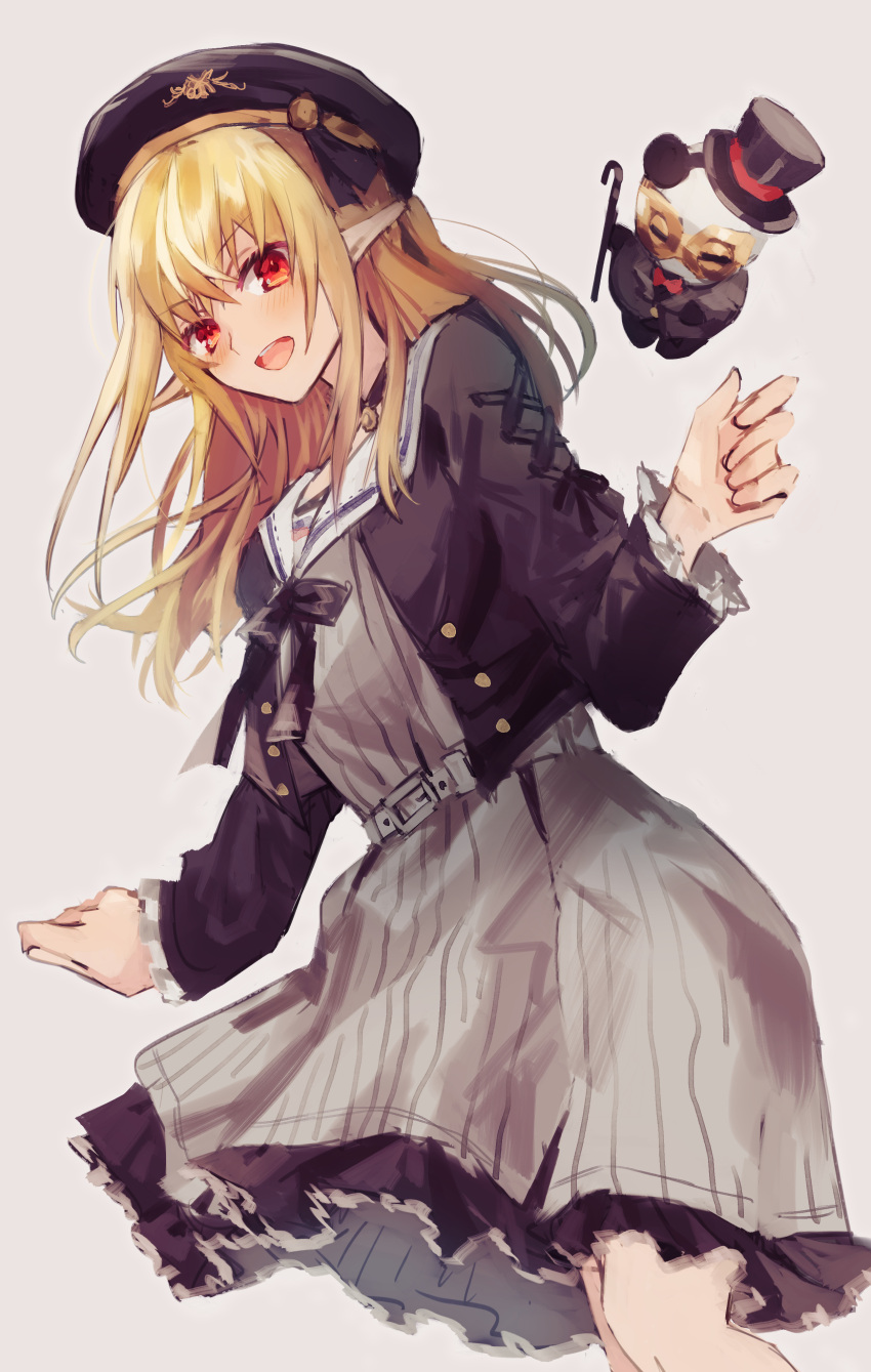 1girl absurdres belt beret black_choker black_ribbon blonde_hair cane choker cowboy_shot cropped_jacket dress dutch_angle elf frilled_dress frills grey_background hat highres hololive kintsuba_(shiranui_flare) long_hair looking_at_viewer masquerade_mask matsuzaka_(matsuzakagyu_29) multicolored_hair open_mouth pendant_choker pointy_ears red_eyes ribbon sailor_collar school_uniform shiranui_flare simple_background solo streaked_hair top_hat w_arms white_dress