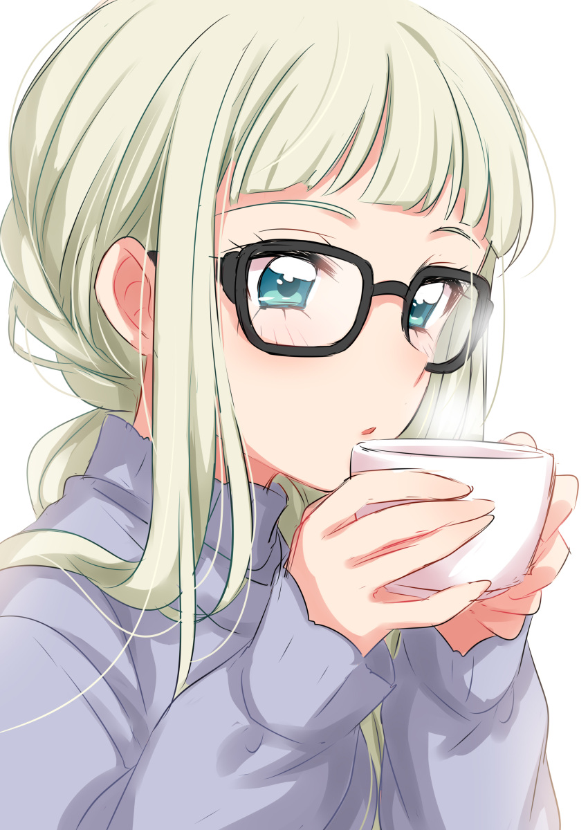 1girl absurdres aikatsu! aikatsu!_(series) bangs black-framed_eyewear blue_eyes blue_sweater blunt_bangs blush cup glasses highres holding holding_cup long_sleeves parted_lips sekina silver_hair simple_background solo steam sweater toudou_yurika upper_body white_background
