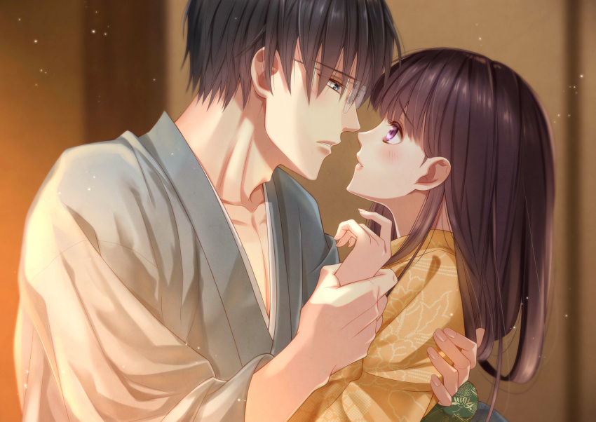 1boy 1girl adam's_apple black_hair blue_eyes blush brown_hair couple eye_contact glasses hair_between_eyes hetero holding_hand indoors izumi_(stardustalone) japanese_clothes kimono long_hair looking_at_another profile renri_no_chigiri_wo_kimi_to_shiru upper_body violet_eyes