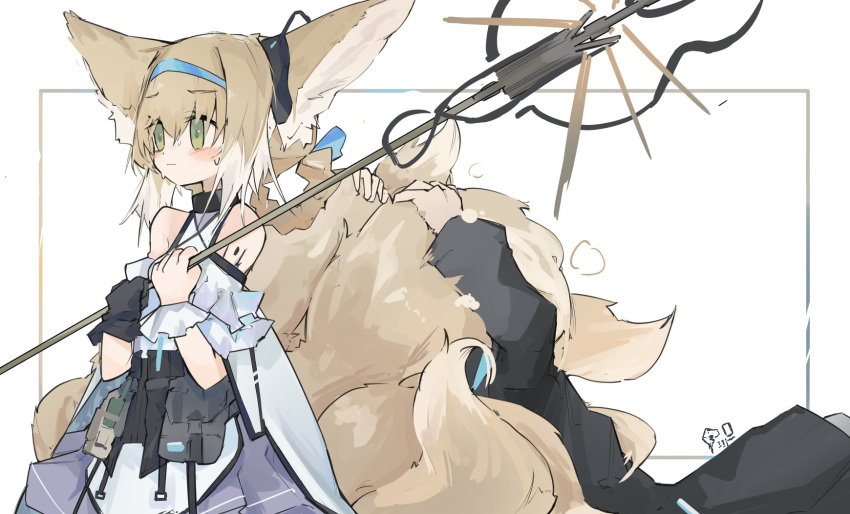 1boy 1girl animal_ears arknights belt belt_pouch black_gloves blush breasts cloak closed_mouth commentary cowboy_shot doctor_(arknights) dress earpiece eyebrows_visible_through_hair fox_ears gloves green_eyes hair_between_eyes hair_rings hairband highres holding holding_staff light_brown_hair medium_hair mikojin multicolored_hair multiple_tails oripathy_lesion_(arknights) pouch simple_background single_glove small_breasts staff suzuran_(arknights) sweat sweatdrop tail tail_hold tail_hug two-tone_hair white_background white_cloak white_dress white_hair wrist_cuffs