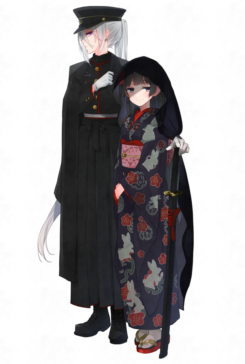 2girls absurdres alternate_costume black_cape black_footwear black_hair black_hakama black_headwear blue_eyes boots cape cross-laced_footwear earrings facing_to_the_side floral_print full_body geta gloves hakama hat highres higuchi_kaede holding holding_sword holding_weapon japanese_clothes jewelry kimono lace-up_boots long_hair looking_at_viewer military military_hat military_uniform multiple_girls myama nijisanji obi peaked_cap ponytail sash sheath sheathed silver_hair simple_background smile sword tsukino_mito uniform very_long_hair violet_eyes virtual_youtuber weapon white_background white_gloves white_legwear