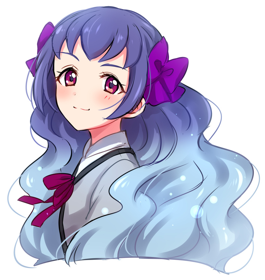 1girl :3 absurdres aikatsu!_(series) aikatsu_friends! bangs big_hair blush bow closed_mouth gradient_hair grey_shirt hair_bow highres long_hair looking_at_viewer multicolored_hair neck_ribbon purple_bow purple_hair red_eyes red_neckwear red_ribbon ribbon sekina shirayuri_kaguya shirt smile solo wavy_hair