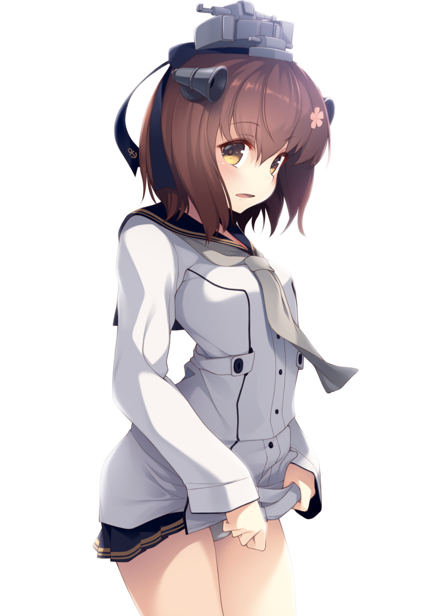1girl anchor_symbol bangs blue_sailor_collar blush breasts brown_eyes brown_hair dress dress_lift eyebrows_visible_through_hair flower grey_neckwear hair_flower hair_ornament highres kantai_collection lifted_by_self long_sleeves mofu_namako neckerchief open_mouth panties remodel_(kantai_collection) sailor_collar sailor_dress simple_background small_breasts solo underwear white_background white_panties yukikaze_(kantai_collection)