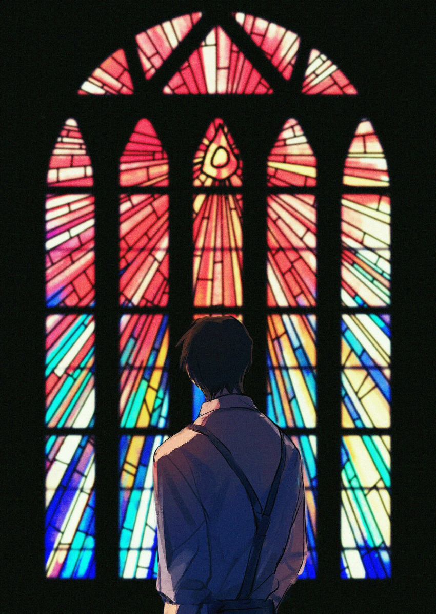 1boy arms_at_sides backlighting black_hair blurry blurry_background collared_shirt colorful dark_background darkness doya dress_shirt facing_away from_behind fullmetal_alchemist highres indoors light long_sleeves male_focus pants roy_mustang shirt stained_glass suspenders upper_body white_shirt window