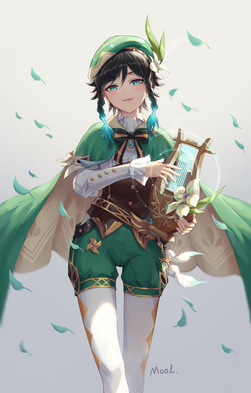 1boy :d bangs bard black_hair blue_eyes blue_hair blush braid cape chinese_commentary collared_cape commentary_request cowboy_shot eyebrows_visible_through_hair falling_leaves flower genshin_impact gradient_hair green_cape green_headwear green_shorts grey_background hair_between_eyes hair_ornament hat hat_flower highres holding holding_instrument instrument leaf long_sleeves looking_at_viewer lyre male_focus mool_yueguang multicolored_hair music open_mouth pantyhose playing_instrument shirt shorts signature simple_background smile solo twin_braids venti_(genshin_impact) vision_(genshin_impact) white_legwear white_shirt