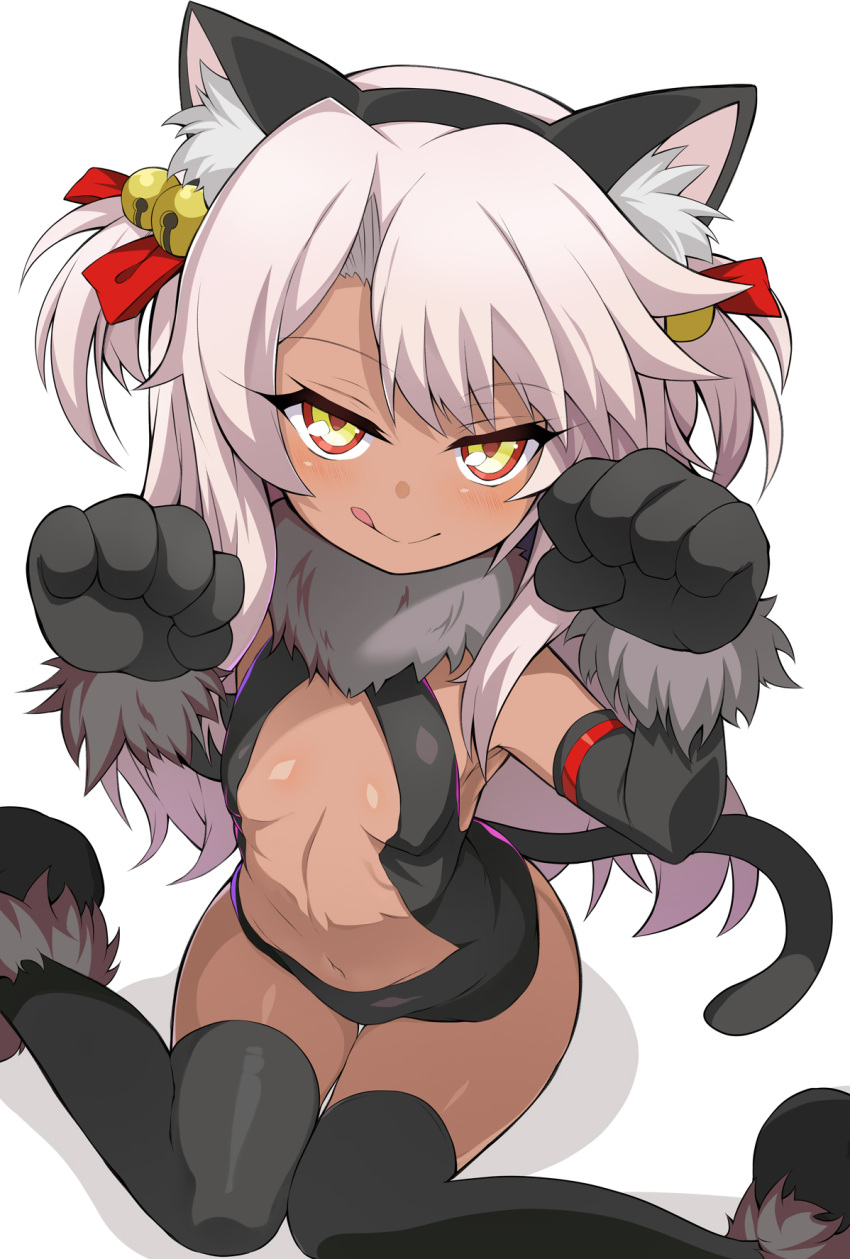 1girl animal_ears bangs bare_shoulders bell black_gloves black_legwear black_leotard blush breasts cat_ears cat_tail center_opening chloe_von_einzbern cosplay dark_skin dark-skinned_female fate/kaleid_liner_prisma_illya fate_(series) fur_collar gloves highres illyasviel_von_einzbern illyasviel_von_einzbern_(cosplay) jingle_bell leotard licking_lips long_hair looking_at_viewer navel paw_gloves paw_shoes paws pink_hair shimejinameko shoes simple_background sitting small_breasts smile tail thigh-highs tongue tongue_out two_side_up wariza white_background yellow_eyes