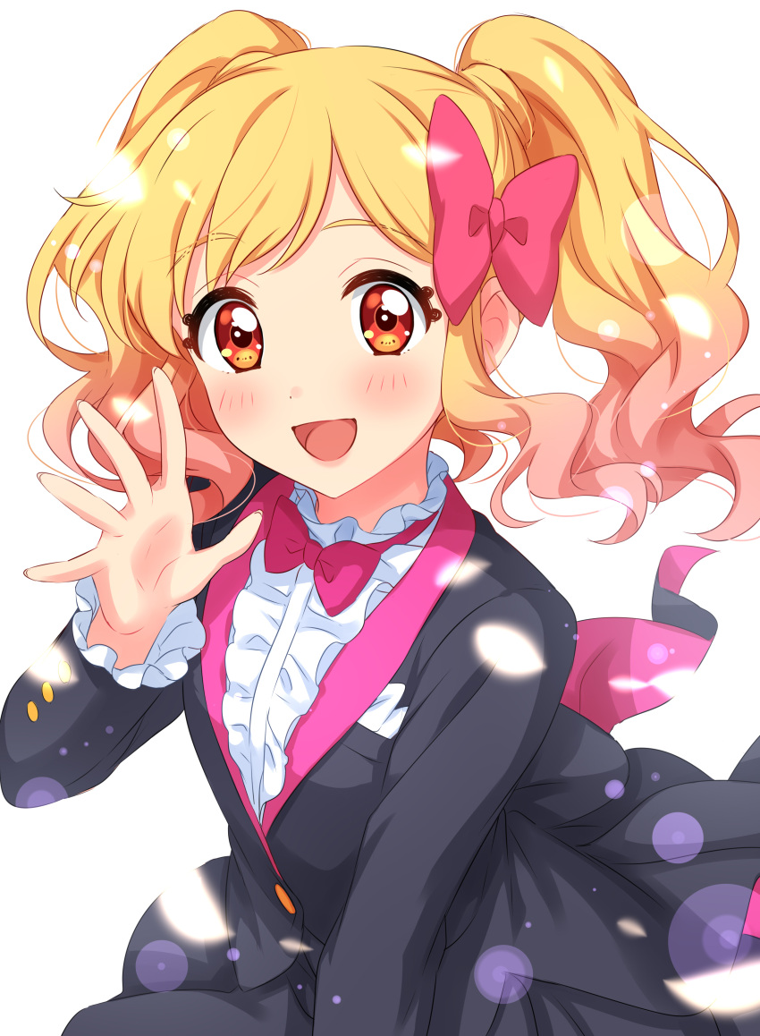 1girl :d absurdres aikatsu!_(series) aikatsu_stars! black_coat blonde_hair blouse blush bow bowtie coat hair_bow hand_up highres long_sleeves nijino_yume open_mouth pink_bow pink_hair red_bow red_eyes red_neckwear sekina simple_background smile solo twintails waving white_background white_blouse