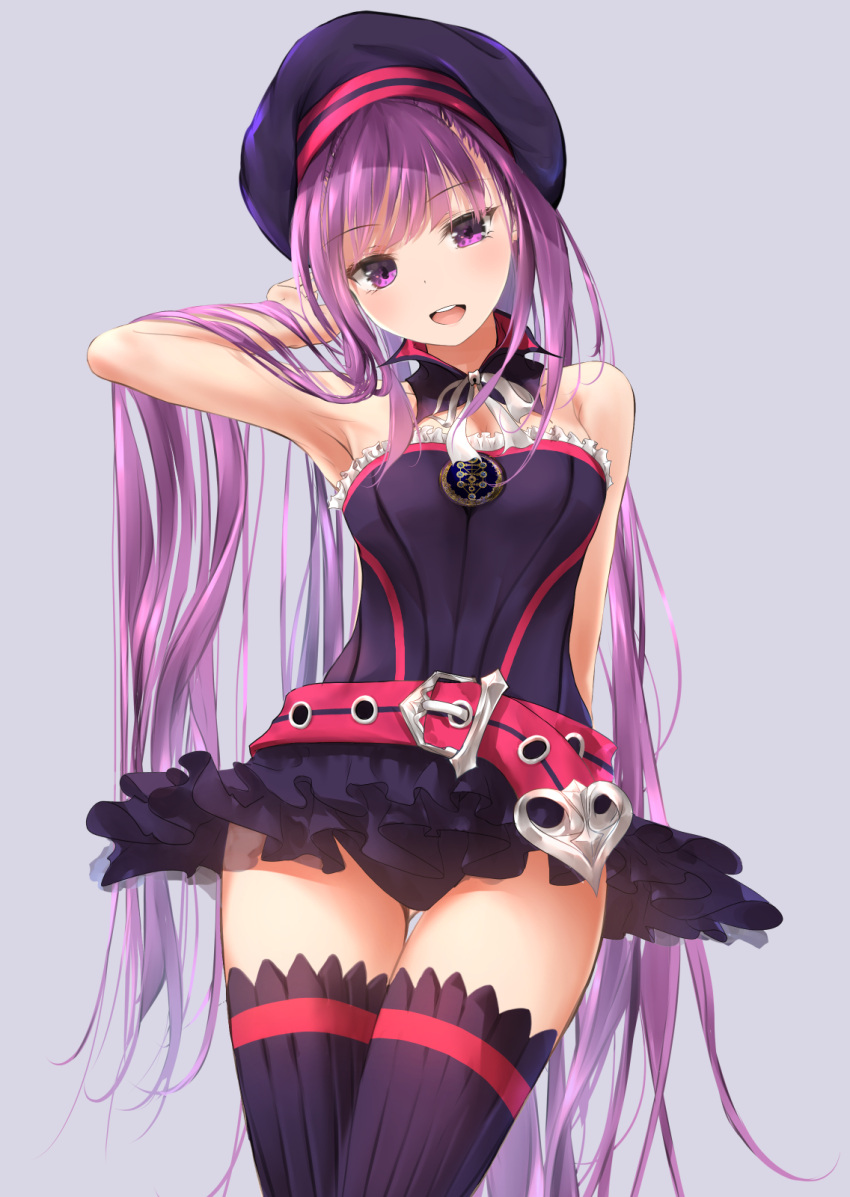 1girl alternate_hairstyle ass_visible_through_thighs bare_shoulders belt blush breasts eyebrows_visible_through_hair fate/grand_order fate_(series) grey_background hand_in_hair hat helena_blavatsky_(fate/grand_order) highres long_hair purple_hair sakazakinchan small_breasts smile solo thigh-highs thigh_gap thighs very_long_hair violet_eyes