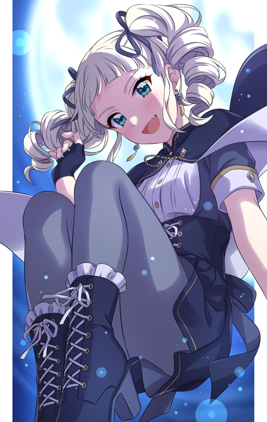 1girl :d absurdres aikatsu! aikatsu!_(series) ankle_boots black_cape black_dress black_ribbon blue_eyes blurry bokeh boots cape cross-laced_footwear depth_of_field dress drill_hair earrings fang grey_legwear hair_ribbon high_heel_boots high_heels highres jewelry light_particles looking_at_viewer open_mouth pantyhose ribbon sekina short_sleeves smile solo toudou_yurika twin_drills underbust