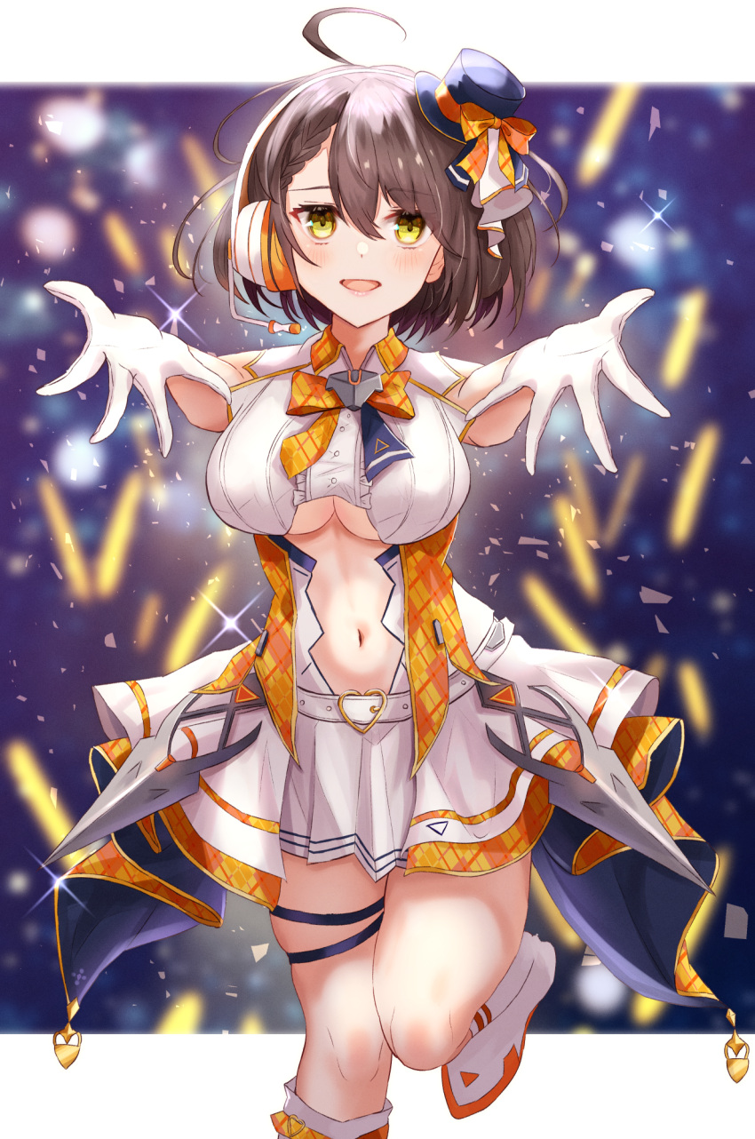 1girl :d ahoge arm_strap azur_lane baltimore_(azur_lane) baltimore_(muse)_(azur_lane) bangs bare_shoulders belt blurry blurry_background blush boots bow braid breasts brown_hair center_frills center_opening clothing_cutout collared_shirt commentary_request cowboy_shot crop_top eyebrows_visible_through_hair foreshortening french_braid frills glint gloves glowstick hair_between_eyes hat headset highres idol knee_boots large_breasts light_particles looking_at_viewer mini_hat navel navel_cutout official_alternate_costume open_mouth orange_bow outstretched_arms panipo pleated_skirt shirt short_hair sidelocks skirt sleeveless smile solo standing standing_on_one_leg thigh_strap under_boob underboob_cutout white_belt white_footwear white_gloves white_skirt yellow_eyes