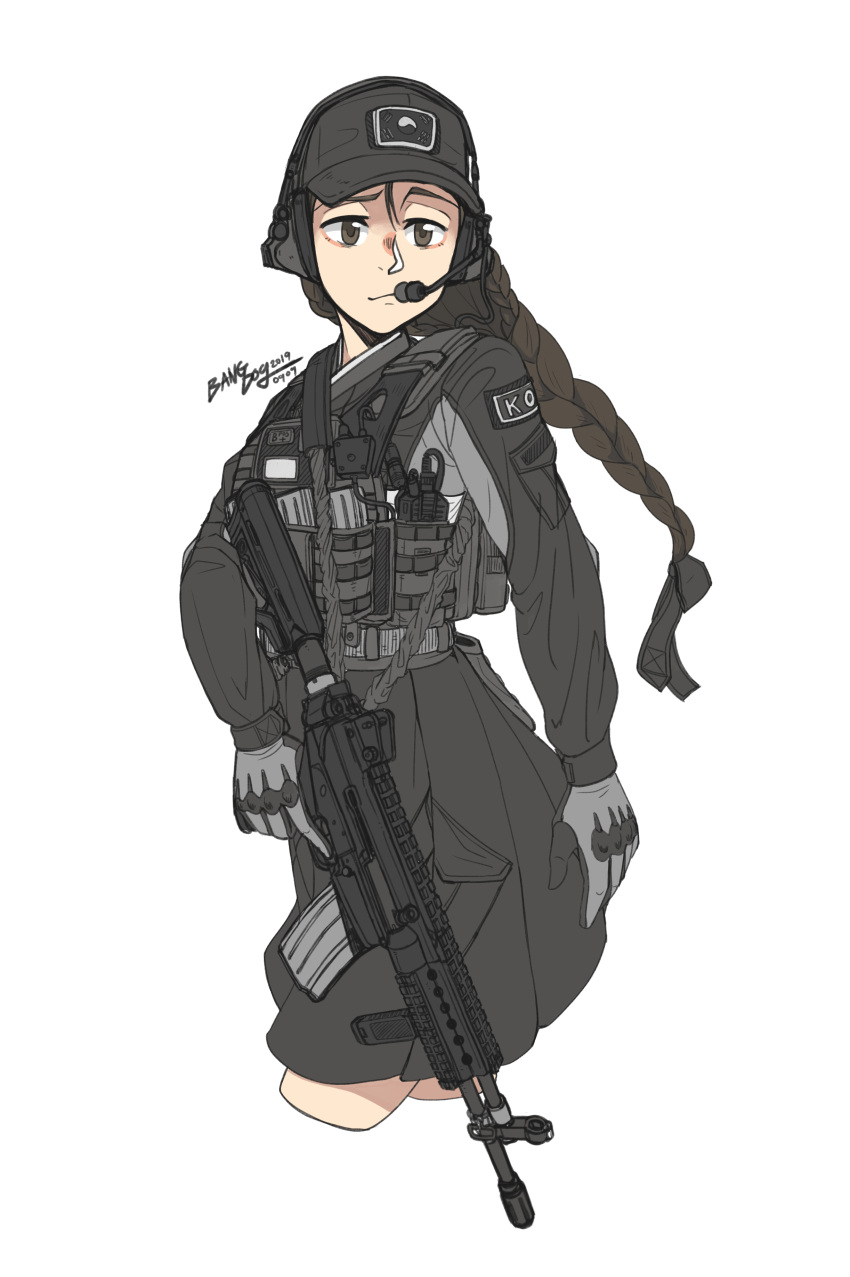 1girl absurdres adapted_uniform artist_name assault_rifle baseball_cap black_dress black_hair black_ribbon braid colored_pencil_(medium) commentary_request cowboy_shot cropped_legs daewoo_k2 dress eyebrows foregrip gloves gun hair_between_eyes hanbok hat headset highres holding holding_gun holding_weapon korean_clothes korean_commentary load_bearing_vest long_braid long_sleeves looking_at_viewer magazine_(weapon) military military_uniform milldoghoo original pocket pouch ribbon rifle single_braid sling smirk solo tactical_clothes tassel traditional_clothes traditional_media trigger_discipline uniform vest walkie-talkie weapon white_background