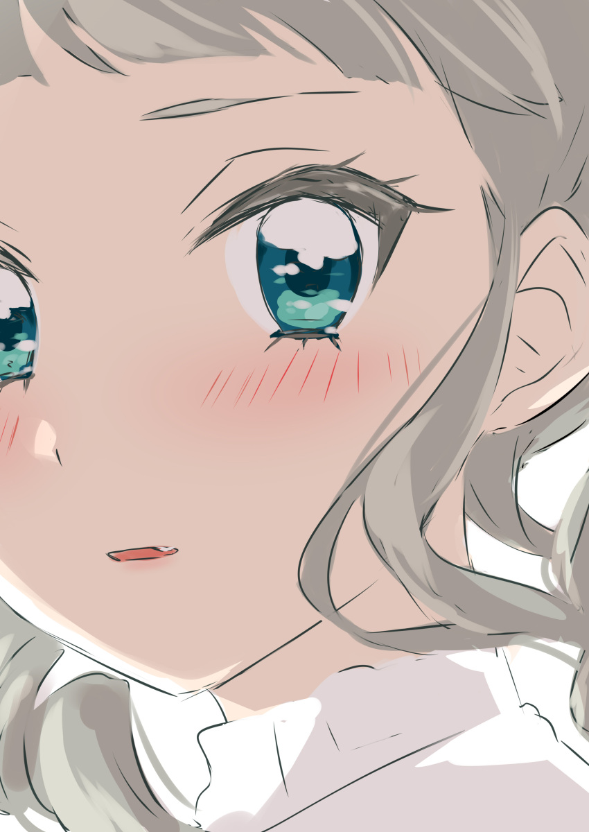 1girl absurdres aikatsu! aikatsu!_(series) blonde_hair blue_eyes blush close-up fang highres looking_at_viewer parted_lips portrait sekina simple_background solo toudou_yurika white_background