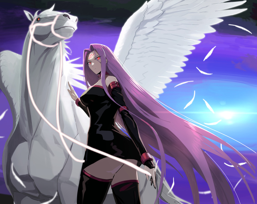 1girl absurdres ass bare_shoulders bell bell_choker breasts bridle bum_hico choker facial_mark fate/stay_night fate_(series) forehead_mark from_below from_side glowing glowing_eyes highres large_breasts long_hair looking_at_viewer pegasus purple_hair red_eyes rider thigh-highs thighs very_long_hair white_feathers wings
