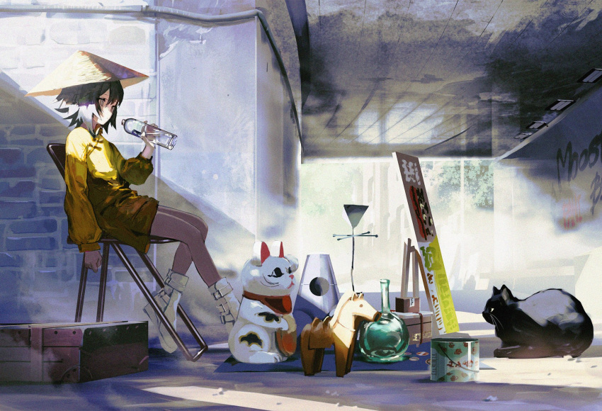 1girl black_cat black_hair bottle cat chair hat highres kouka_(mrakano5456) original short_hair sitting solo tagme toy white_footwear