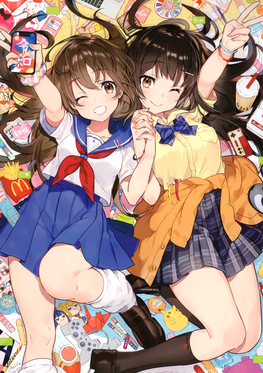 2girls :d absurdres blue_skirt bow bowtie breasts brown_footwear brown_hair can capsule cardcaptor_sakura cellphone collarbone computer controller crepe digital_media_player doll earphones earphones eraser eyebrows_visible_through_hair famicom famicom_gamepad flip_phone food french_fries furby fuuin_no_tsue game_boy game_console game_controller gen_1_pokemon hair_between_eyes hair_ornament hairpin handheld_game_console heisei hello_kitty hello_kitty_(character) highres holding_hands jacket knee_up laptop loafers long_hair loose_socks lying makeup mcdonald's medium_breasts mika_pikazo multiple_girls on_back one_eye_closed open_mouth origami original paper_crane pen phone pikachu pill pipimi plaid plaid_skirt playstation playstation_controller pleated_skirt pokemon pokemon_(creature) poptepipic popuko red_bow red_neckwear school_uniform serafuku shirt shoes shoes_removed skirt smartphone smile socks soda_can stopwatch straight_hair sweater tamagotchi thigh-highs v wand watch white_shirt yellow_eyes yellow_shirt zettai_ryouiki