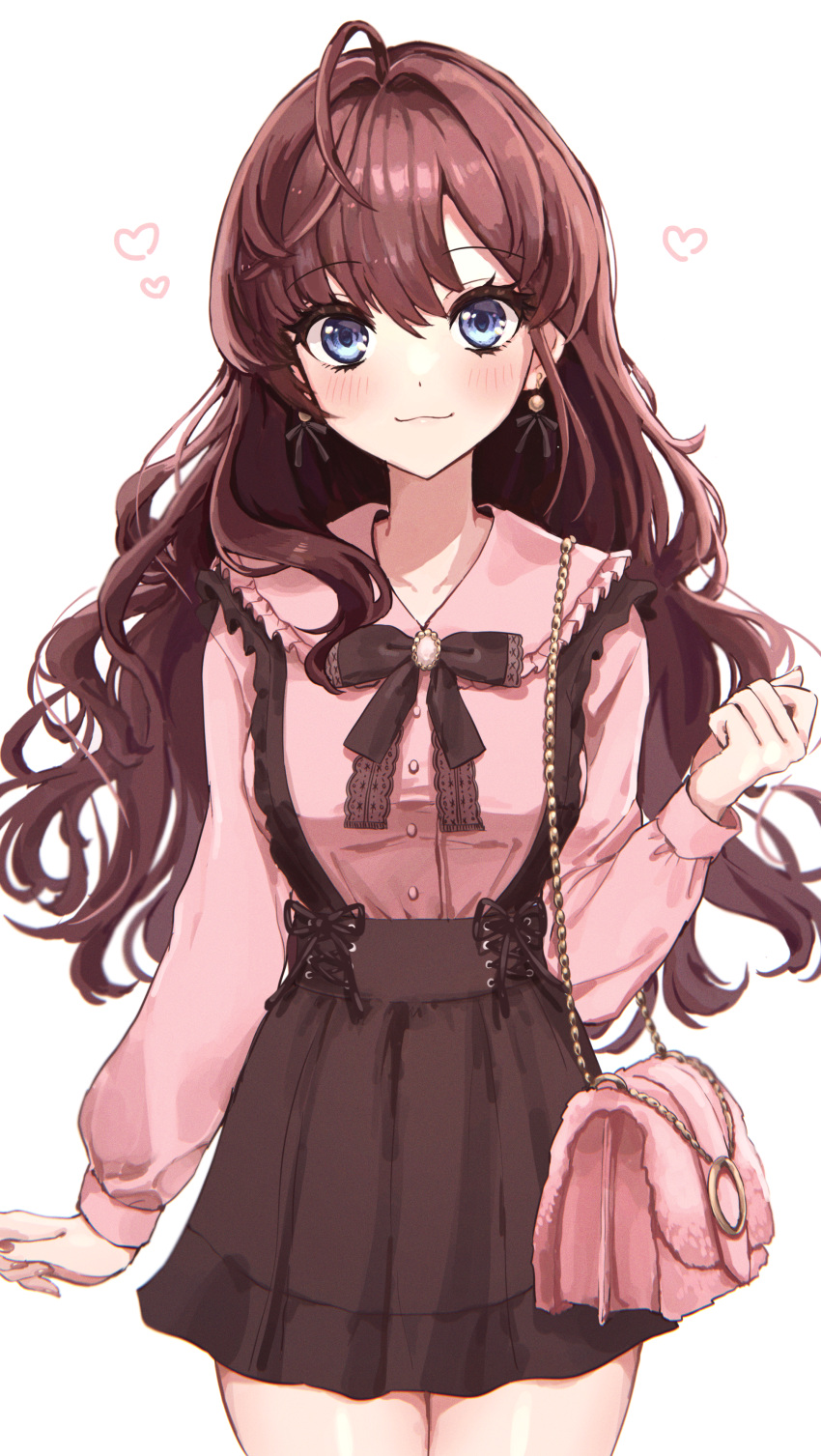 1girl absurdres bag black_skirt blue_eyes blush breasts closed_mouth dress earrings eyebrows_visible_through_hair hair_between_eyes highres huge_filesize ichinose_shiki idolmaster idolmaster_cinderella_girls idolmaster_cinderella_girls_starlight_stage jewelry kudou_(sikisiki0000) large_breasts long_sleeves looking_at_viewer nail_polish pink_dress pink_shirt red_nails redhead shirt shoulder_bag simple_background skirt solo standing suspender_skirt suspenders thighs white_background