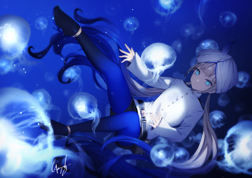 1other androgynous bangs belt blonde_hair blue_eyes blue_hair blue_legwear captain_nemo_(fate/grand_order) fate/grand_order fate_(series) genyaky gradient_hair jacket jellyfish long_hair long_sleeves looking_at_viewer multicolored_hair turban twintails underwater white_jacket