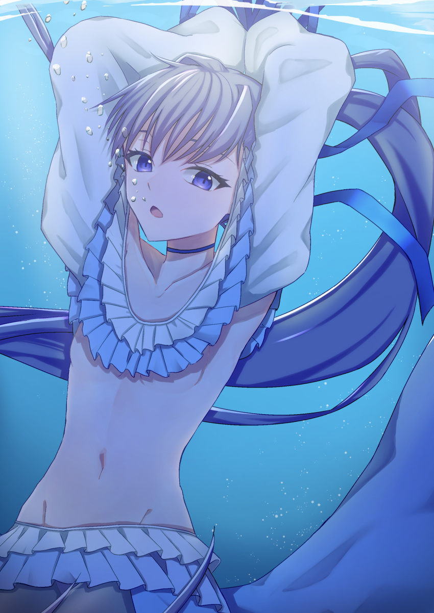 1girl absurdres air_bubble armpits arms_behind_head arms_up bangs bare_shoulders bikini blue_choker blue_eyes blue_ribbon breasts bubble choker collarbone fate/grand_order fate_(series) frilled_bikini frills hair_ribbon highres long_hair long_sleeves looking_at_viewer meltryllis meltryllis_(swimsuit_lancer)_(fate) navel open_mouth puffy_sleeves purple_hair ribbon side_ponytail sleeves_past_fingers sleeves_past_wrists small_breasts swimsuit underwater very_long_hair white_bikini white_ribbon yu_sakae