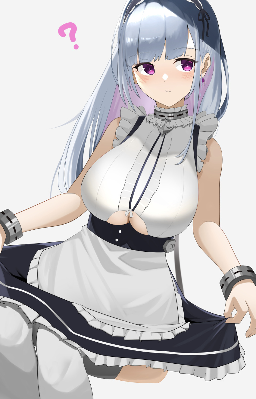 1girl ? absurdres apron azur_lane black_skirt breasts center_frills clothing_cutout dido_(azur_lane) earrings frilled_apron frilled_shirt frills highres jewelry large_breasts light_blue_hair long_hair ryuya shirt skirt sleeveless sleeveless_shirt solo under_boob underboob_cutout violet_eyes white_apron white_shirt