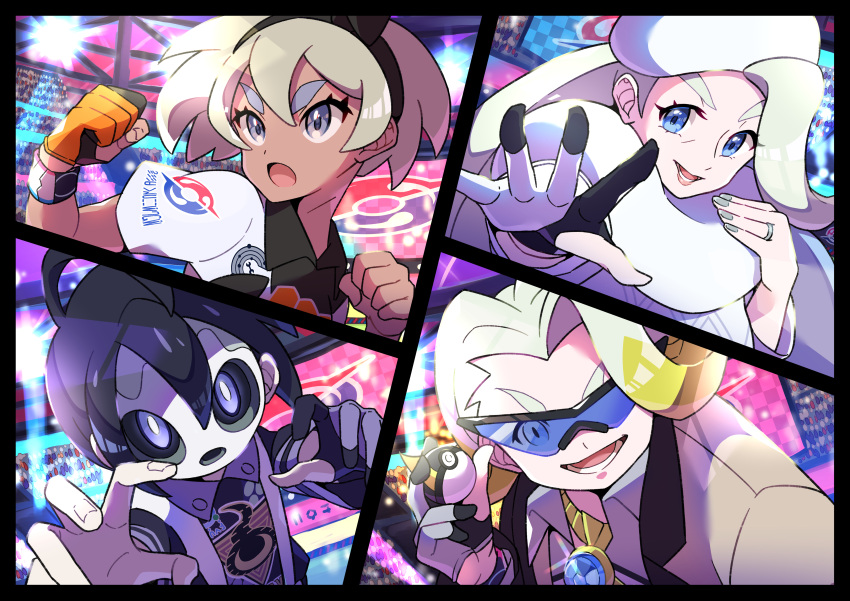 2boys 2girls absurdres ahoge allister_(pokemon) bangs bea_(pokemon) black-framed_eyewear black_hair black_hairband blonde_hair blue-tinted_eyewear blue_eyes bow_hairband brown_jacket clenched_hands collared_shirt commentary_request dynamax_band eyelashes gloves gordie_(pokemon) gym_leader hair_between_eyes hairband hat highres holding holding_poke_ball jacket jewelry light long_hair mask melony_(pokemon) multicolored_hair multiple_boys multiple_girls necklace open_mouth partially_fingerless_gloves poke_ball pokemon pokemon_(game) pokemon_swsh pon_yui print_shirt scarf shirt short_hair short_sleeves single_glove stadium sunglasses suspenders tongue two-tone_hair ultra_ball white_headwear white_scarf