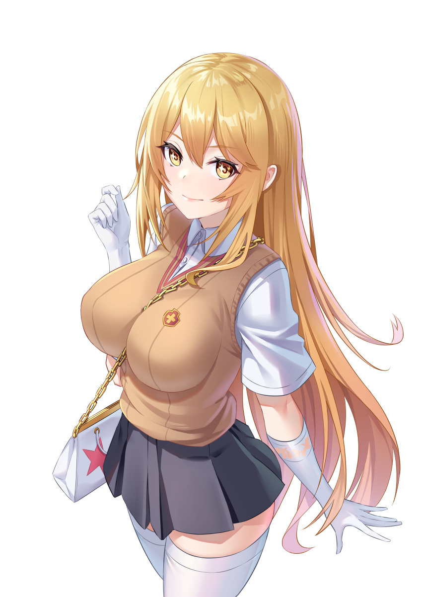 +_+ 1girl absurdres blonde_hair gloves highres long_hair looking_at_viewer school_uniform shiny shiny_hair shokuhou_misaki simple_background skirt solo sweater_vest symbol-shaped_pupils thigh-highs to_aru_kagaku_no_railgun to_aru_majutsu_no_index wan_xing white_background white_gloves white_legwear yellow_eyes