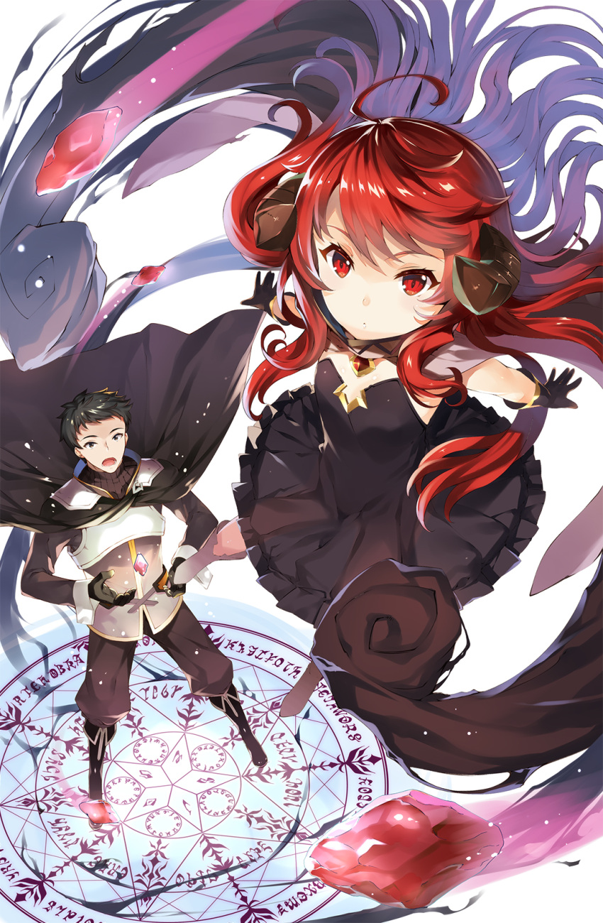 1boy 1girl ahoge bangs black_dress black_gloves boots cape character_request cover_image demon_girl dress flat_chest frilled_dress frills frontier_world gem gloves highres horns jewelry long_hair looking_at_viewer magic_circle novel_illustration official_art red_eyes redhead simple_background stone strapless strapless_dress tachibana_yuu textless white_background