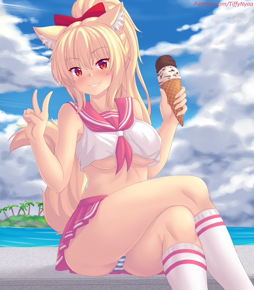 1girl animal_ear_fluff animal_ears ass bangs blonde_hair bow breasts cat_ears clouds crop_top crop_top_overhang crossed_legs eyebrows_visible_through_hair fang food grin hair_bow highres holding ice_cream ice_cream_cone kneehighs large_breasts long_hair looking_at_viewer neckerchief nottytiffy original palm_tree panties pantyshot patreon_username pink_skirt pleated_skirt ponytail red_eyes sailor_collar school_uniform serafuku shirt sidelocks sitting skirt sky sleeveless sleeveless_shirt slit_pupils smile solo striped striped_panties thighs tiffy_(nottytiffy) tree under_boob underwear v water white_legwear white_shirt