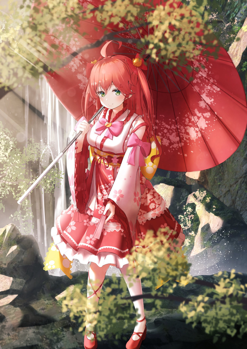 1girl absurdres ahoge alternate_costume bell cherry_blossom_print eyebrows_visible_through_hair floral_print green_eyes hair_bell hair_ornament hairclip highres hololive looking_at_viewer nyan_(reinyan_007) outdoors pink_hair sakura_miko shoes solo tree tree_branch umbrella virtual_youtuber x_hair_ornament