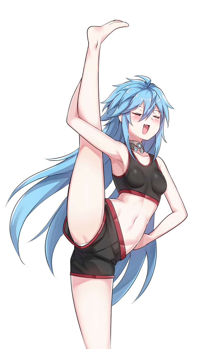 1girl :d absurdres arm_up armpits ass bare_arms bare_legs bare_shoulders barefoot black_shorts blue_hair breasts closed_eyes closers collar crop_top fang genderswap genderswap_(mtf) gomrang hair_between_eyes highres leg_lift leg_up long_hair midriff nata_(closers) navel open_mouth panties panty_peek short_shorts shorts sidelocks simple_background small_breasts smile solo spiky_hair split sports_bra standing standing_on_one_leg standing_split stomach thighs underwear very_long_hair white_background
