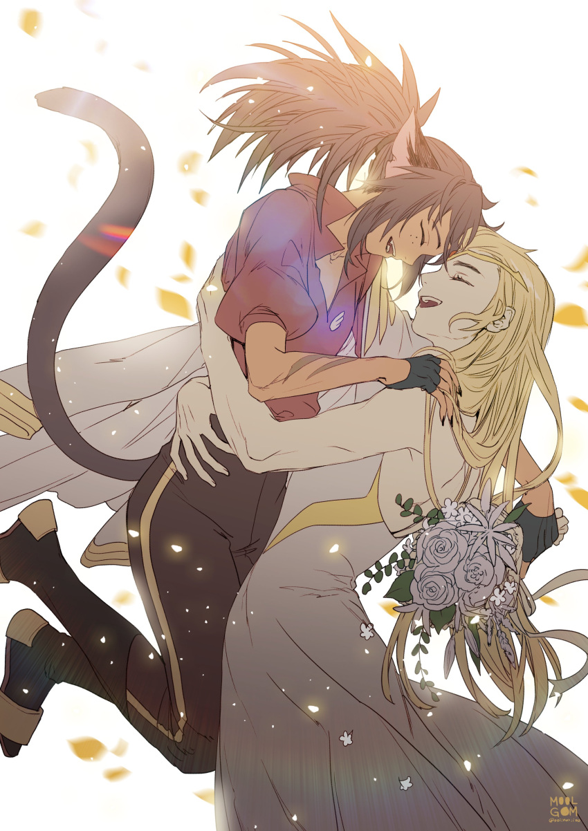 2girls absurdres adora_(she-ra) animal_ears blonde_hair bouquet brown_hair cat_ears cat_girl cat_tail catra closed_eyes couple dress fingerless_gloves fingernails flower freckles gloves good_end happy highres hug korean_commentary lifting_person long_hair masters_of_the_universe multiple_girls oollnoxlloo ponytail sharp_fingernails she-ra_and_the_princesses_of_power simple_background spoilers tail tiara yuri
