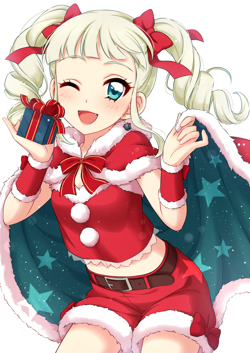 1girl :d absurdres aikatsu! aikatsu!_(series) bangs blonde_hair blue_cape blunt_bangs blush bow cape christmas christmas_gift cowboy_shot drill_hair earrings fang fur-trimmed_shorts fur_trim gift hair_bow hands_up highres holding holding_gift jewelry looking_at_viewer one_eye_closed open_mouth red_bow red_cape red_shorts sekina short_shorts shorts simple_background smile solo standing toudou_yurika twin_drills two-sided_cape two-sided_fabric white_background wristband