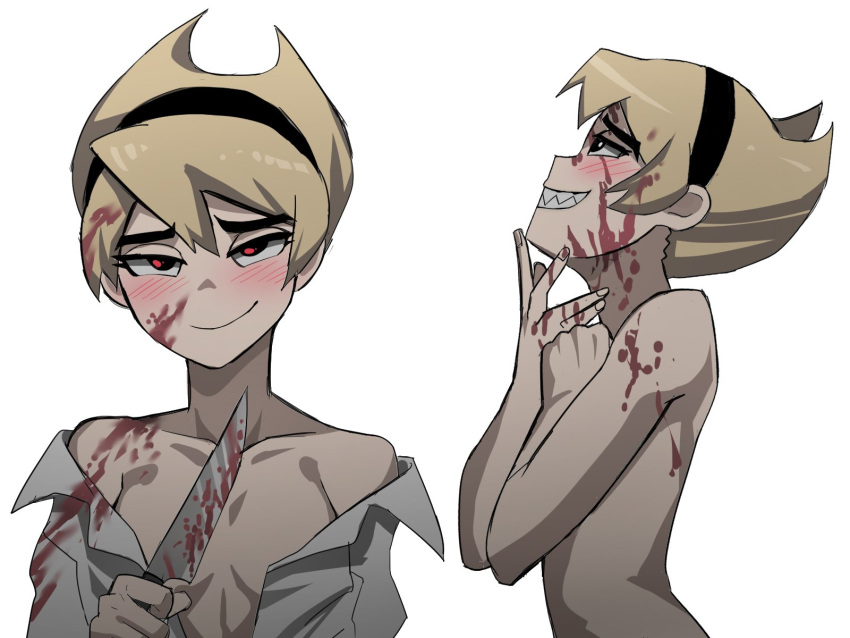 1girl black_eyes blonde_hair blood blood_on_face bloody_knife blush breasts closed_mouth collarbone from_side grin highres jacket jourd4n knife looking_at_viewer mandy multiple_views nude sharp_teeth short_hair simple_background small_breasts smile teeth the_grim_adventures_of_billy_&amp;_mandy white_background white_jacket yandere